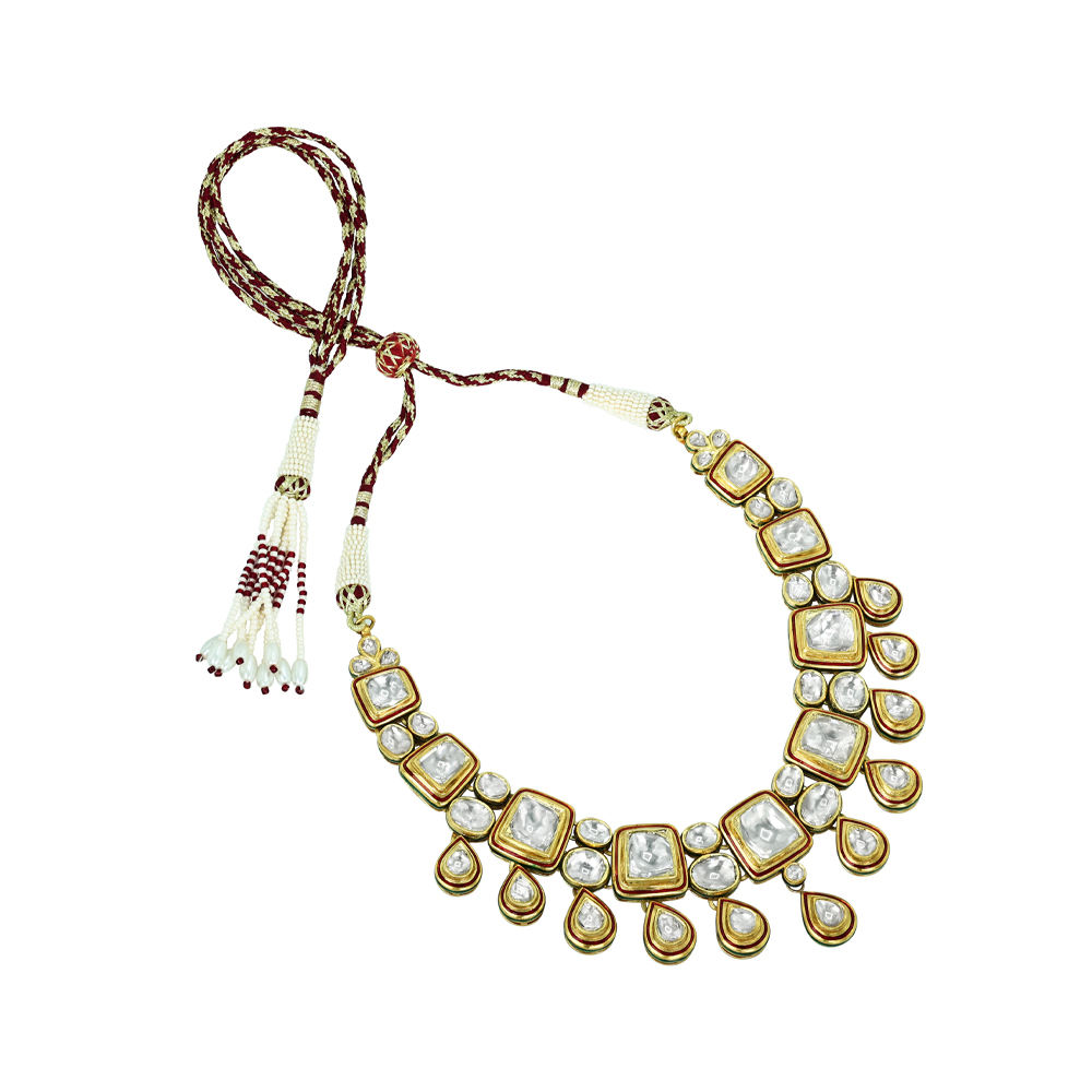 Polki Necklace with Cascading Teardrop and Square Motifs